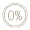 Circular logo with '0%' and text about animal testing and ingredient information on a beige background