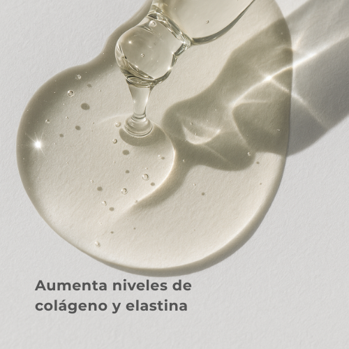 Glass dropper with clear liquid on a light gray background, text 'Aumenta niveles de colágeno y elastina' displayed.