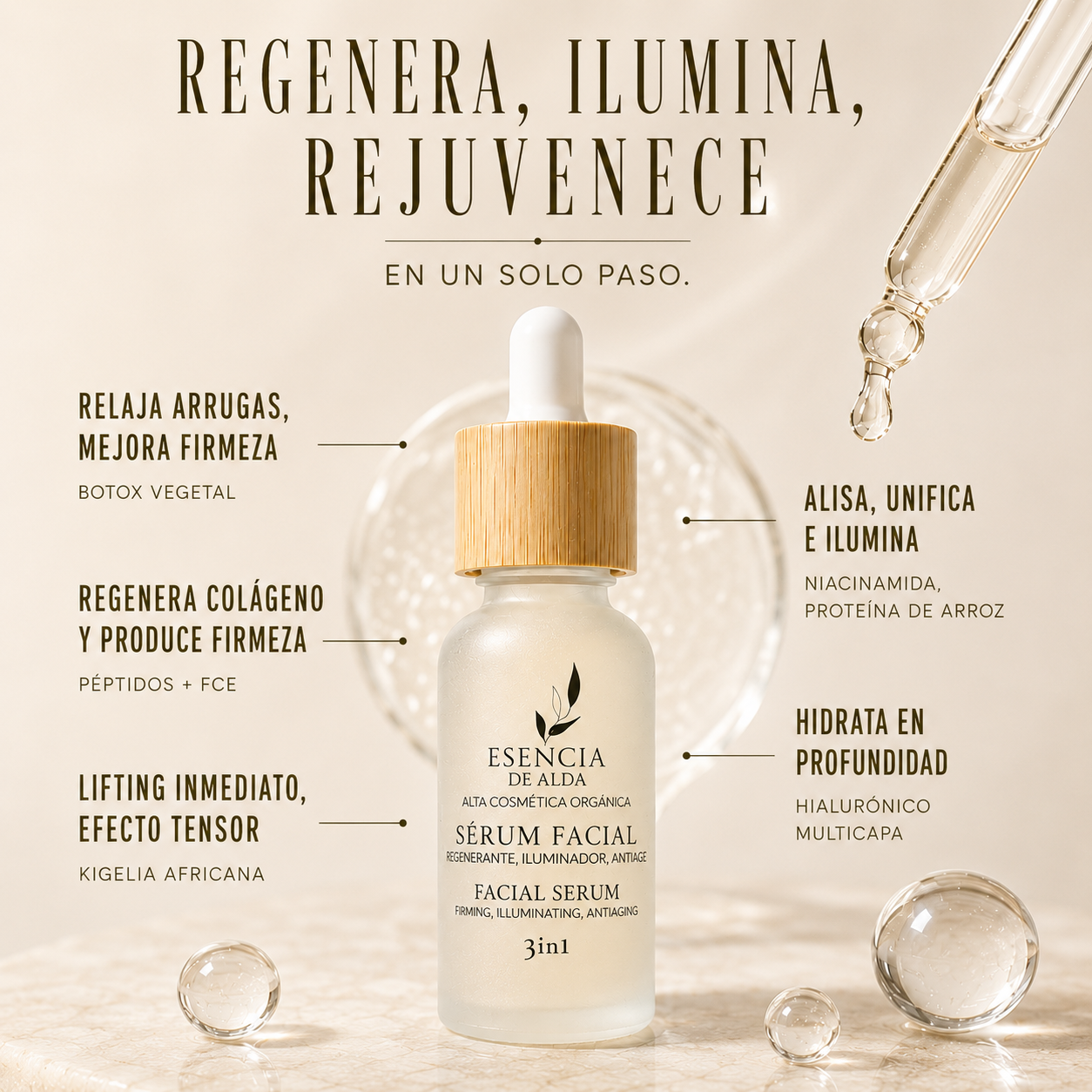 Sérum facial antiedad 3 en 1 con péptidos, niacinamida y ácido hialurónico