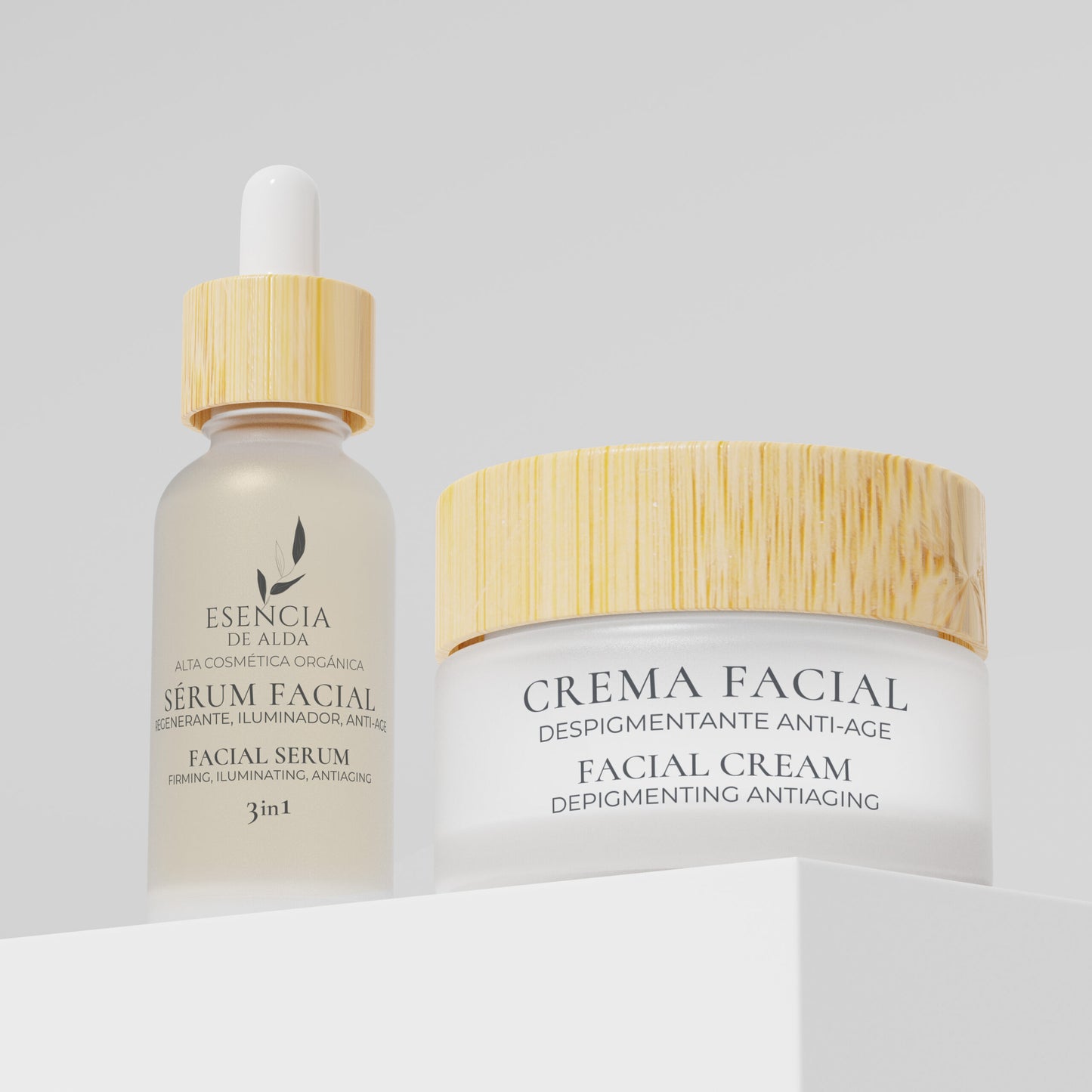 Facial serum and cream with wooden caps on a light gray background