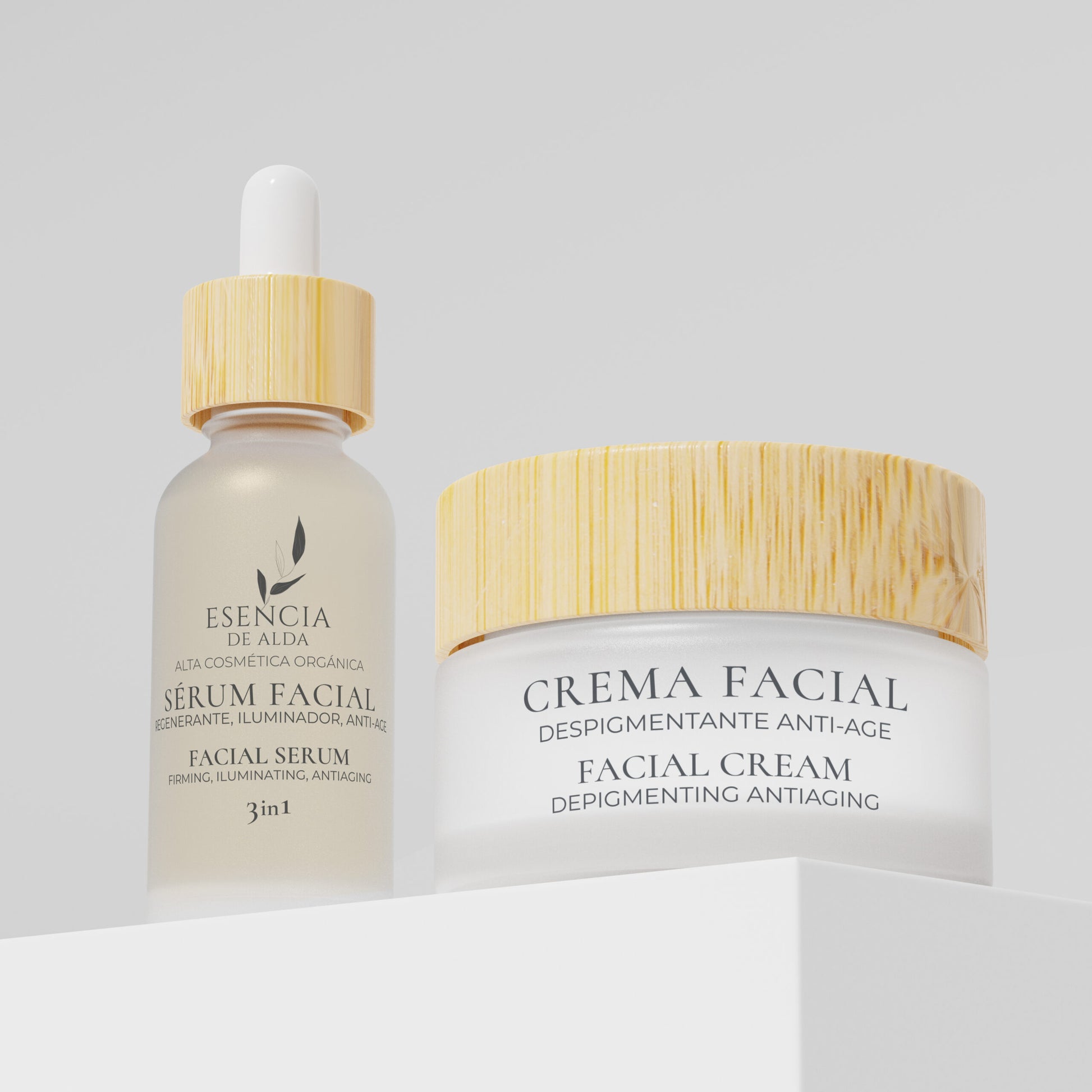 Facial serum and cream with wooden caps on a light gray background