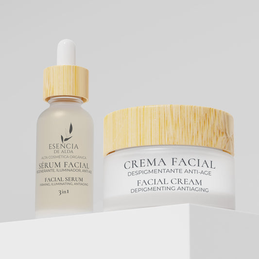 Facial serum and cream with wooden caps on a light gray background