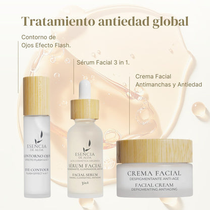 SET PLATINUM | Contorno de Ojos Efecto Flash+ Serum Facial 3 in 1 + Crema Facial Despigmentante Antiedad