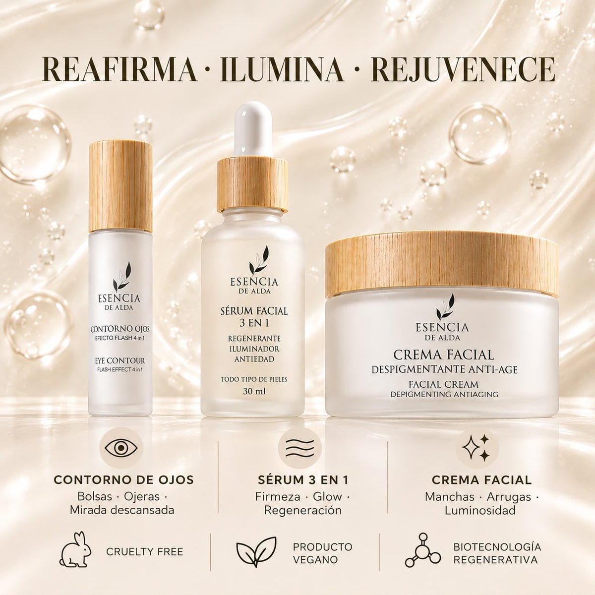 SET PLATINUM I Contorno de Ojos + Sérum Facial 3 en 1 + Crema Facial Despigmentante Antiedad