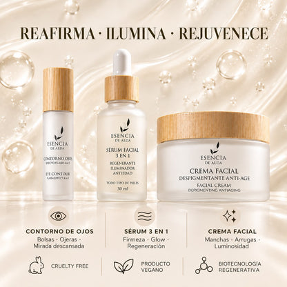 SET PLATINUM I Contorno de Ojos + Sérum Facial 3 en 1 + Crema Facial Despigmentante Antiedad