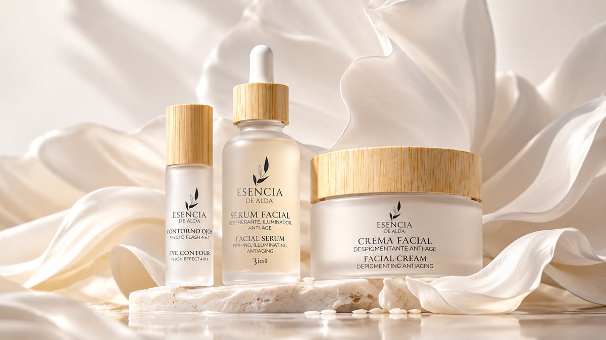 Set Platinum de Esencia de Alda sobre seda marfil: contorno de ojos, sérum facial y crema facial.