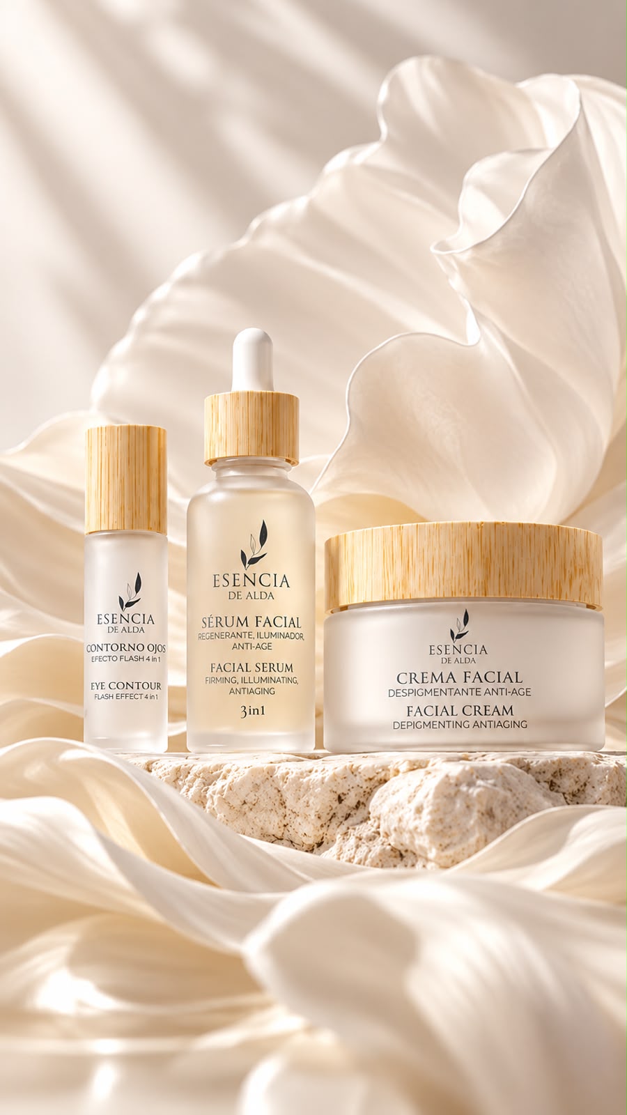 Set Platinum de Esencia de Alda: contorno de ojos, sérum facial y crema facial sobre seda marfil.