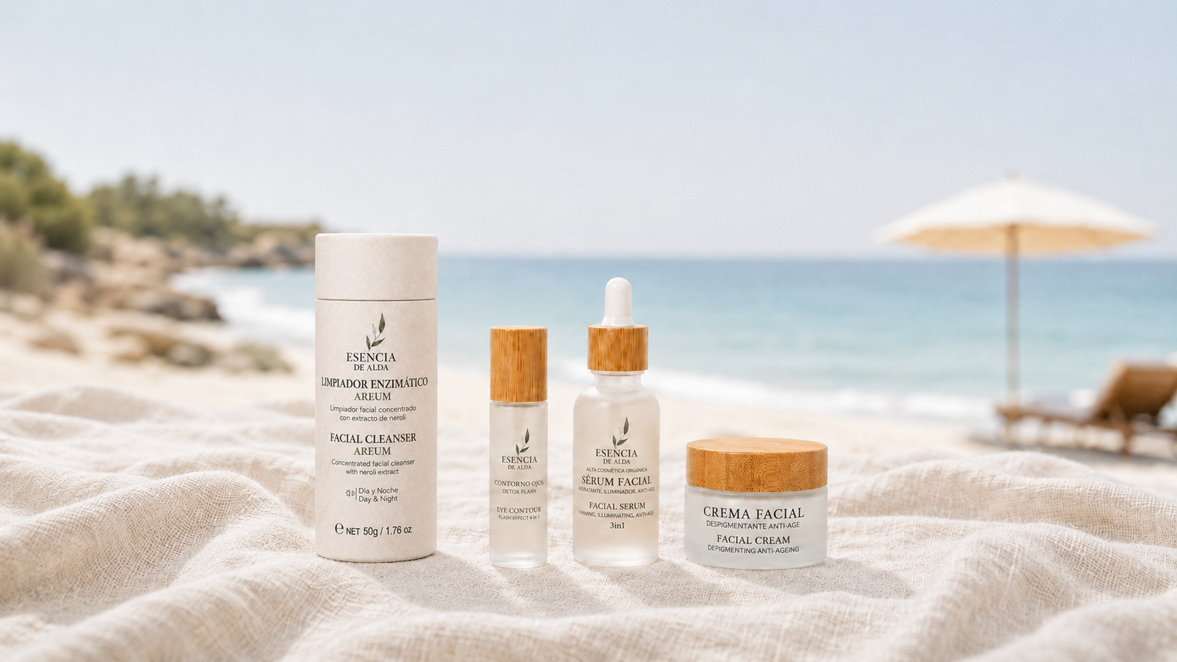 Esencia de Alda summer skincare set on a beach